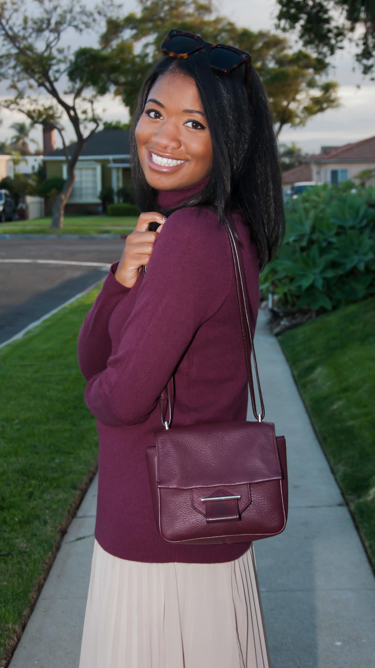 burgundy chasmere turtleneck and pleated maxi skirt - downtown demure
