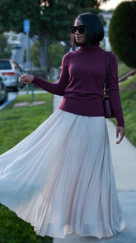 burgundy chasmere turtleneck and pleated maxi skirt - downtown demure
