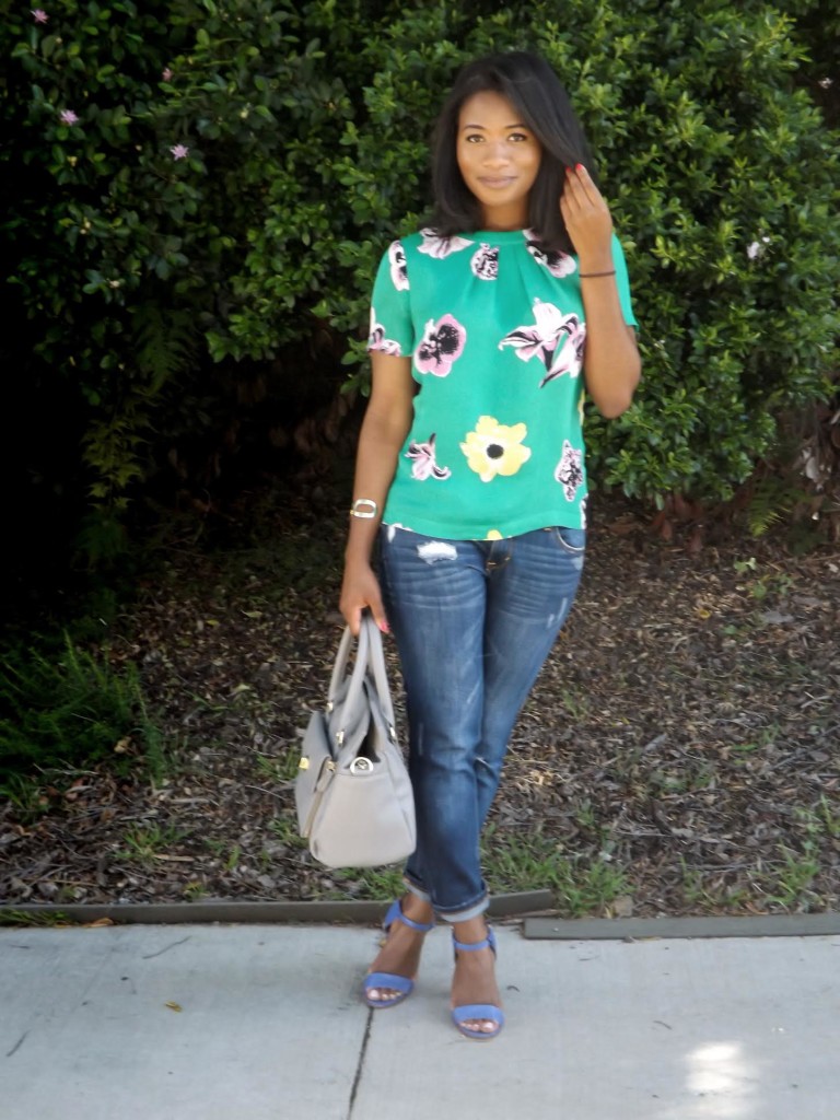 floral top and jeans and jordana paige handbag - downtown demure
